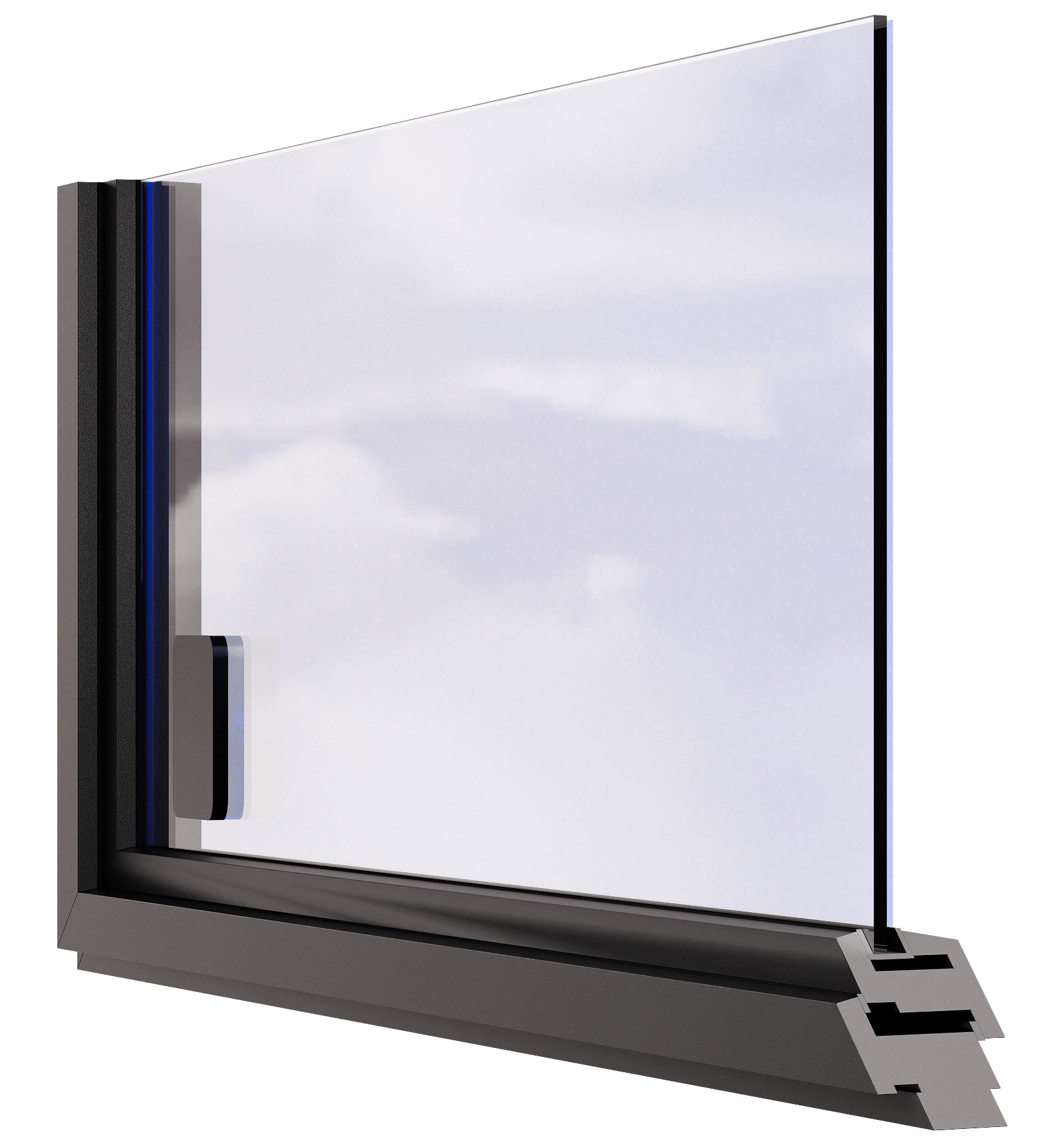 Fensterscheibe im Rahmen mit Amperial Folie aufgelegt und Amperial Controller